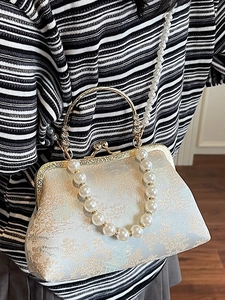 Elegant light blue embroidered crossbody bag with pearl strap in retro oriental style