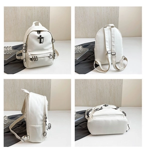 Detailed four-way views of white punk backpack with black metal cross and rings