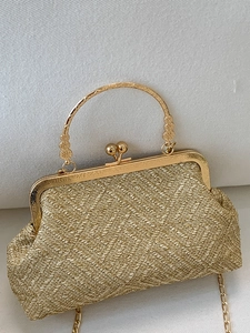 Vintage Woven Evening Bag For Women Metal Kiss Lock Clasp Chain Shoulder Crossbody Bag Elegant Banquet Party Clutch Purse