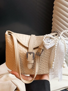 Sac Seau en Cuir PU Tissé pour Femme Élégant Sac à Bandoulière Texture Tressée Avec Pendentif en Künstliche Perles Dentelle Bandoulière Réglable Sac à Main