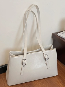 Women Large Capacity Glossy PU Leather Tote Bag Commuting Retro Shoulder Bag Adjustable Silver Buckle Minimalist Handbag