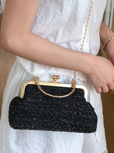 Elegant black woven beaded evening bag with vintage gold kiss-lock frame and chain strap