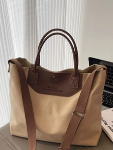 Fashionable Large Capacity Canvas Tote Bag For Women Urban Simple Commuter Shoulder Handbag With Splicing Leather Trim