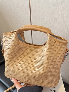 Chic light brown woven PU leather handbag with spacious design and crossbody strap