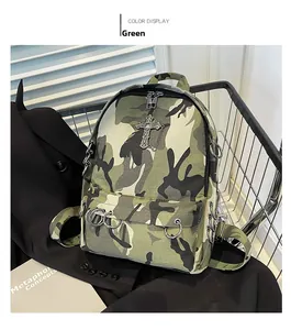 Detail view of green camo backpack with metallic rings and punk cross pendant