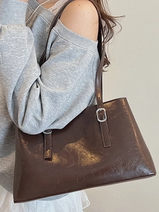 Fashionable dark brown glossy leather tote bag with double layers and large capacity