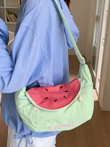 Japanese style green watermelon crescent shoulder bag with pink embroidery details