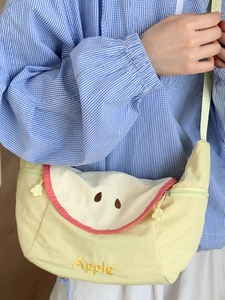 Japanese style apple-shaped yellow canvas crossbody bag for women with fruit embroidery