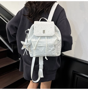 Detailed back view of a white mini backpack with silver star prints and sequin charm