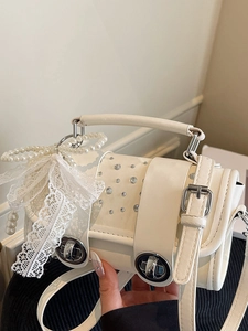Women Fashion Sweet Rhinestone Shoulder Bag With Lace Bow Artificial Pearl Charm PU Leather Handbag Vacation Casual Crossbody Bag