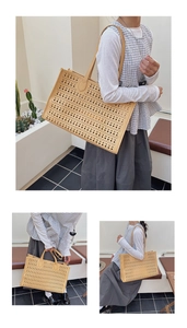 Détail du sac cabas jaune avec motif ajouré découpé au laser et fines bandoulières
