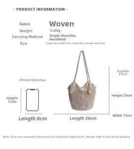 Detailed dimension guide of the cream woven tote bag with shoulder strap measurements