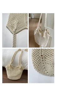 Detail of crochet knit tote bag showing hollow mesh texture, tassel, and woven handle