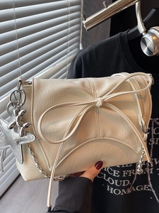 Women's Ballet Style Bowknot Pleated Shoulder Bag With Chain Strap Star Balloon Dog Charm PU Leather Underarm Bag