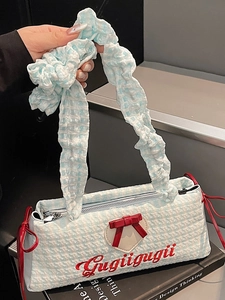 Women Retro Plaid Shoulder Bag With Bow Knot Heart Patch Pleated Ruffled Strap Casual Fabric Underarm Bag Daily Fashion Purse