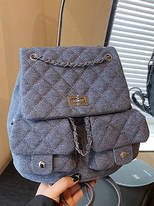 Stylish denim quilted backpack with chain straps and diamond stitching for women