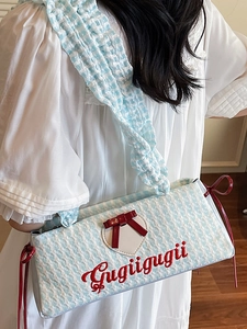 Blue and white plaid woven shoulder bag with red bow and heart embroidery for women
