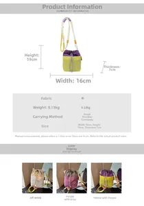 Detailed size specifications for the mini drawstring crossbody bag in three colorways