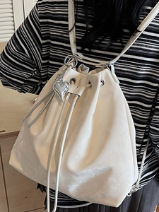 Vintage large capacity white drawstring backpack with silver heart charm and leather straps