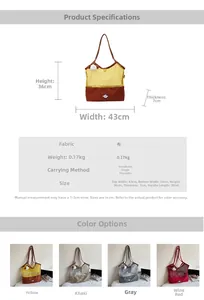 Detail view of contrast mesh tote bag with cartoon dog print and size specifications