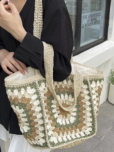 Handmade woven tote bag with floral geometric patterns and large capacity for beach travel