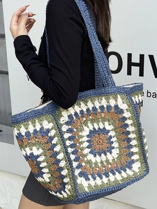 Handmade granny square crochet tote bag for women with multi-color bohemian woven pattern