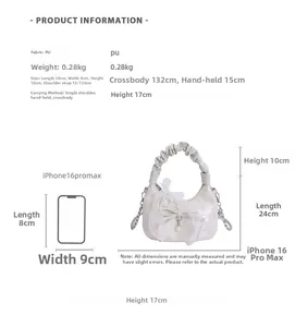 Detailed size chart for ruched PU handbag with lace, pearl and bow decorations