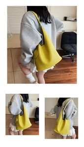 Three-angle views of a bright yellow bucket bag with textured leather and round coin purse