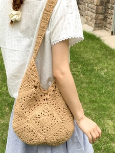 Fashionable khaki crochet woven tote bag with hollow geometric pattern for women