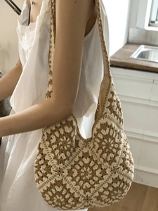 Bohemian woven shoulder tote bag with vintage brown and white floral pattern