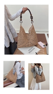 Detailed view of dark brown woven tote bag with vintage wood bead handles and crochet texture