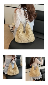 Detail of the woven tote bag showing the floral crochet pattern and wooden bead strap
