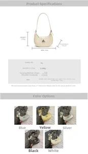 Detailed chart showing PU leather crescent bag dimensions and multiple color options