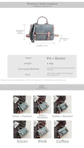 Detailed spec sheet of denim and PU handbag with size 21x15x8cm and chain charm