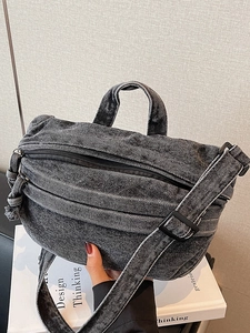 Sac cabas en jean gris foncé délavé rétro avec bandoulière réglable et design décontracté