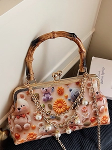 New Chinese style floral bear handbag with bamboo handle and pearl chain strap