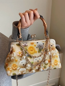 Retro cream crossbody bag with bear floral print, bamboo handle and pearl chain strap