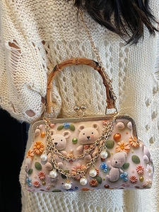 Vintage shoulder bag with bamboo handle, 3D bear floral pattern and pearl chain strap