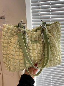Women Fashion Bubble Pleated Tote Bag Large Capacity Underarm Shoulder Bag With Artificial Pearl Flower Chain Decoration Fabric Handbag