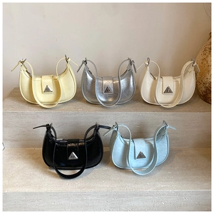 Detailed close-up of five color variants of pleated faux leather crescent hobo bags