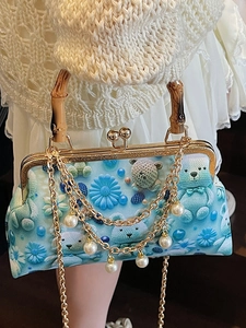 New Chinese style light blue daisy print handbag with bamboo handle and pearl chain