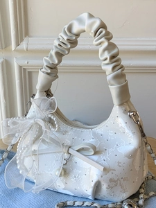 Women's PU Leather Quilted Shoulder Bag Sweet Lace Artificial Pearl Bow Decor Cloud Handle Underarm Handbag Fashion Chain Crossbody Bag