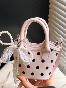 Mini Polka Dot Bucket Bag PU Leather Sweet Lace Artificial Pearl Bow Crossbody Handbag For Women Girls Daily Party