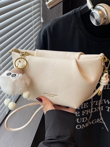 Women Fashion PU Leather Shoulder Bag Urban Minimalist Pleated Dumpling Crossbody Bag With Cute Plush Pendant Daily Handbag