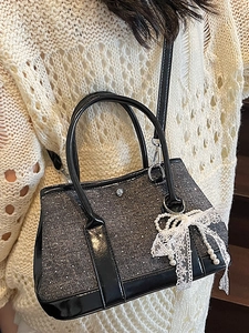 Chic black glitter bucket bag with lace bow and pearl charm for women, crossbody style