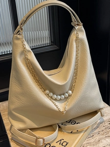 Grand Sac Tote en Cuir PU Avec Fausse Künstliche Perle Chaîne en Métal Doré Sac à Épaule Froncé Sac à Dos Crossbody Femme