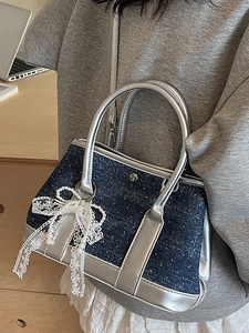 Fashionable blue denim bucket bag with silver glitter and pearl lace bow charm