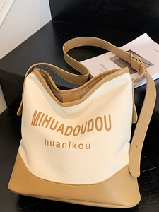 Women Minimalist Canvas PU Splicing Shoulder Bag Large Capacity Letter Print Tote Handbag For Daily Commuting Office Lady