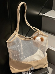Korean Fashion Canvas Mesh Patchwork Tote Bag Large Capacity Minimalist Contrast Color Shoulder Shopping Bag With Puppy Charm