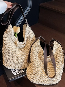 Sac à Épaule en Paille Tissé à la Main pour Femme Grand Sac de Plage Été Avec Bandoulière en Similicuir PU Mode